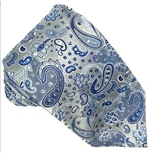 Silver Blue White Paisley Floral Silk Tie